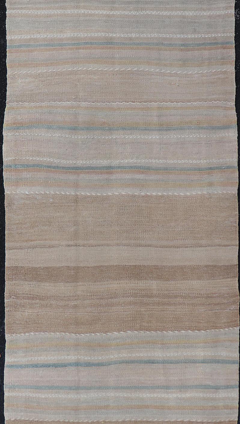 Vintage Turkish Kilim Rug with Horizontal Stipes in Light Brown, Blue, Taupe In Excellent Condition For Sale In Atlanta, GA