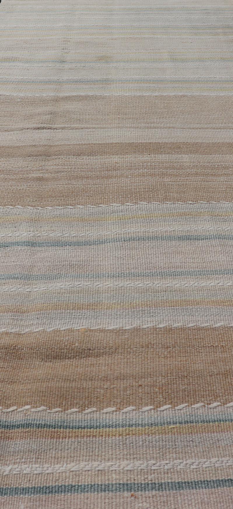 Vintage Turkish Kilim Rug with Horizontal Stipes in Light Brown, Blue, Taupe For Sale 1