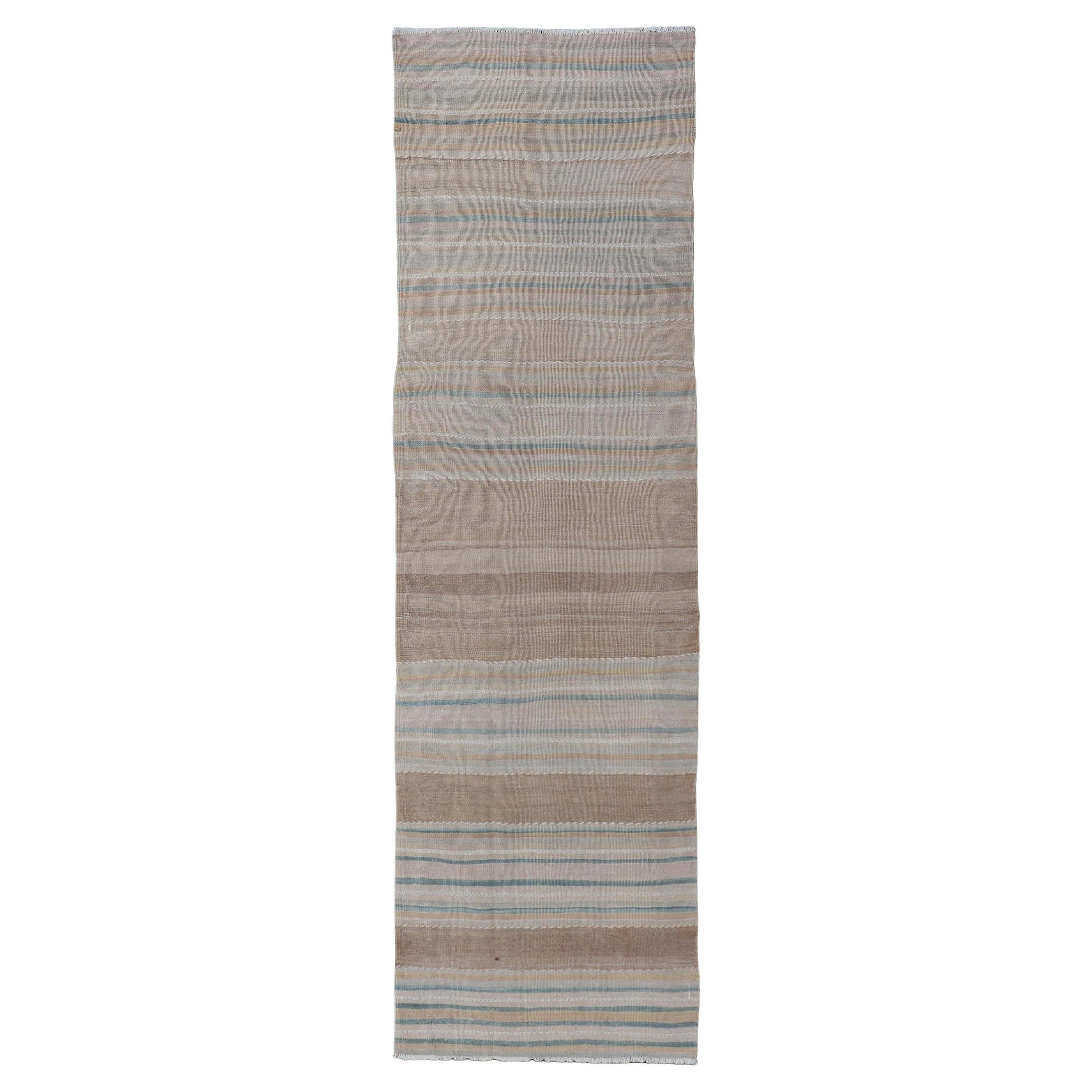 Vintage Turkish Kilim Rug with Horizontal Stipes in Light Brown, Blue, Taupe For Sale