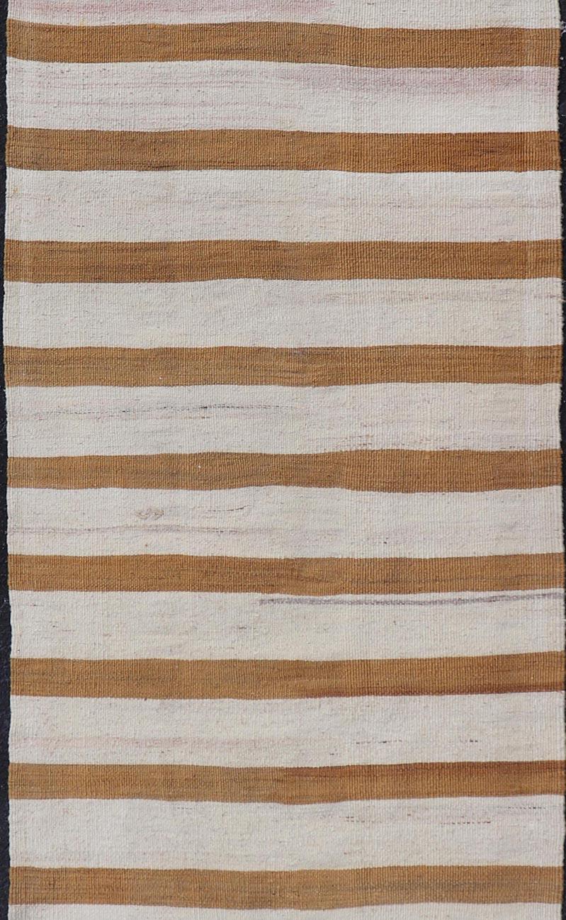 Hand-Woven Vintage Turkish Kilim Rug with Horizontal Stripes in Light Brown and Cream For Sale