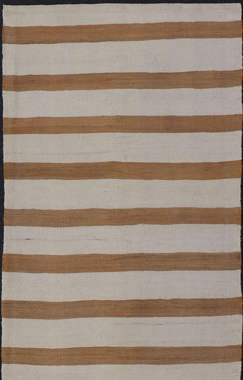 Hand-Woven Vintage Turkish Kilim Rug with Horizontal Stripes in Light Brown and Cream For Sale