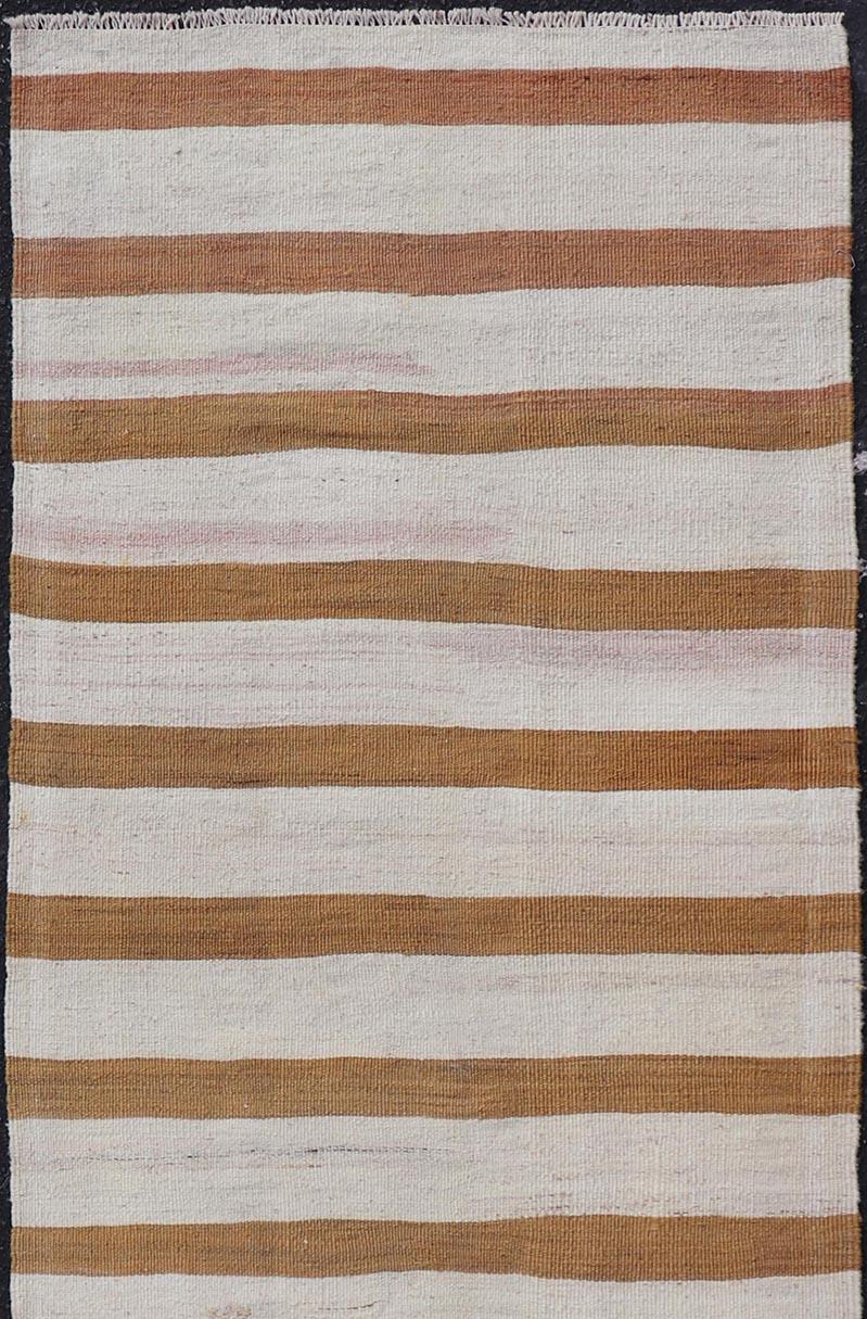 Vintage Turkish Kilim Rug with Horizontal Stripes in Light Brown and Cream In Excellent Condition For Sale In Atlanta, GA