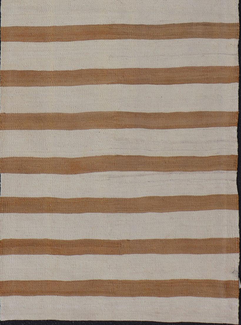 20th Century Vintage Turkish Kilim Rug with Horizontal Stripes in Light Brown and Cream For Sale