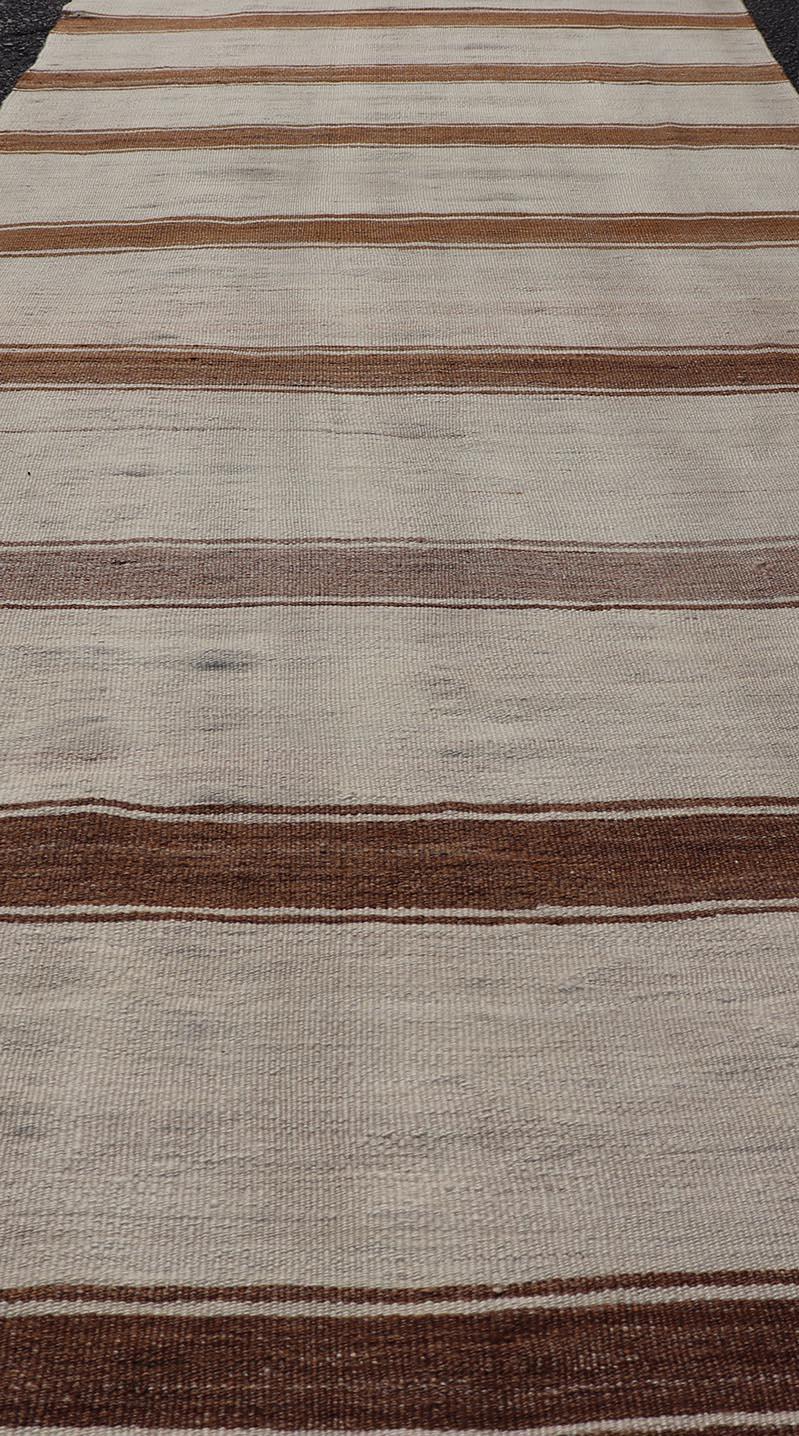 Wool Vintage Turkish Kilim Rug with Horizontal Stripes in Light Brown and Cream For Sale