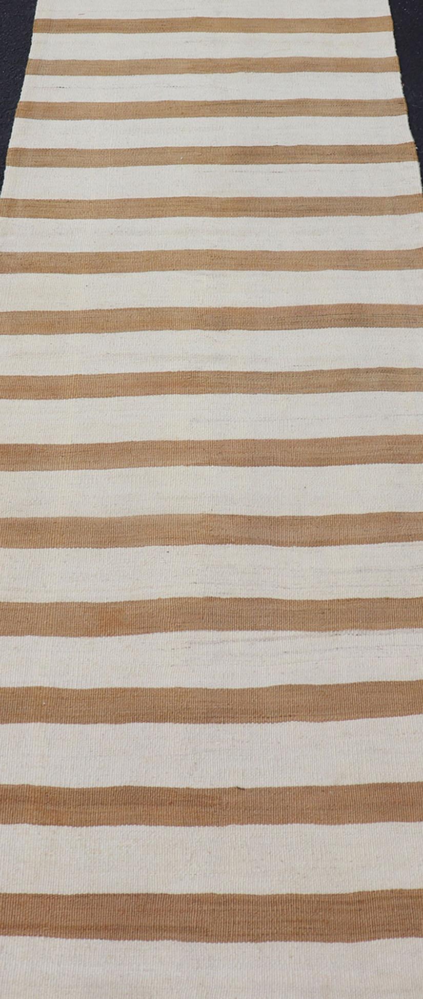 Vintage Turkish Kilim Rug with Horizontal Stripes in Light Brown and Cream For Sale 1