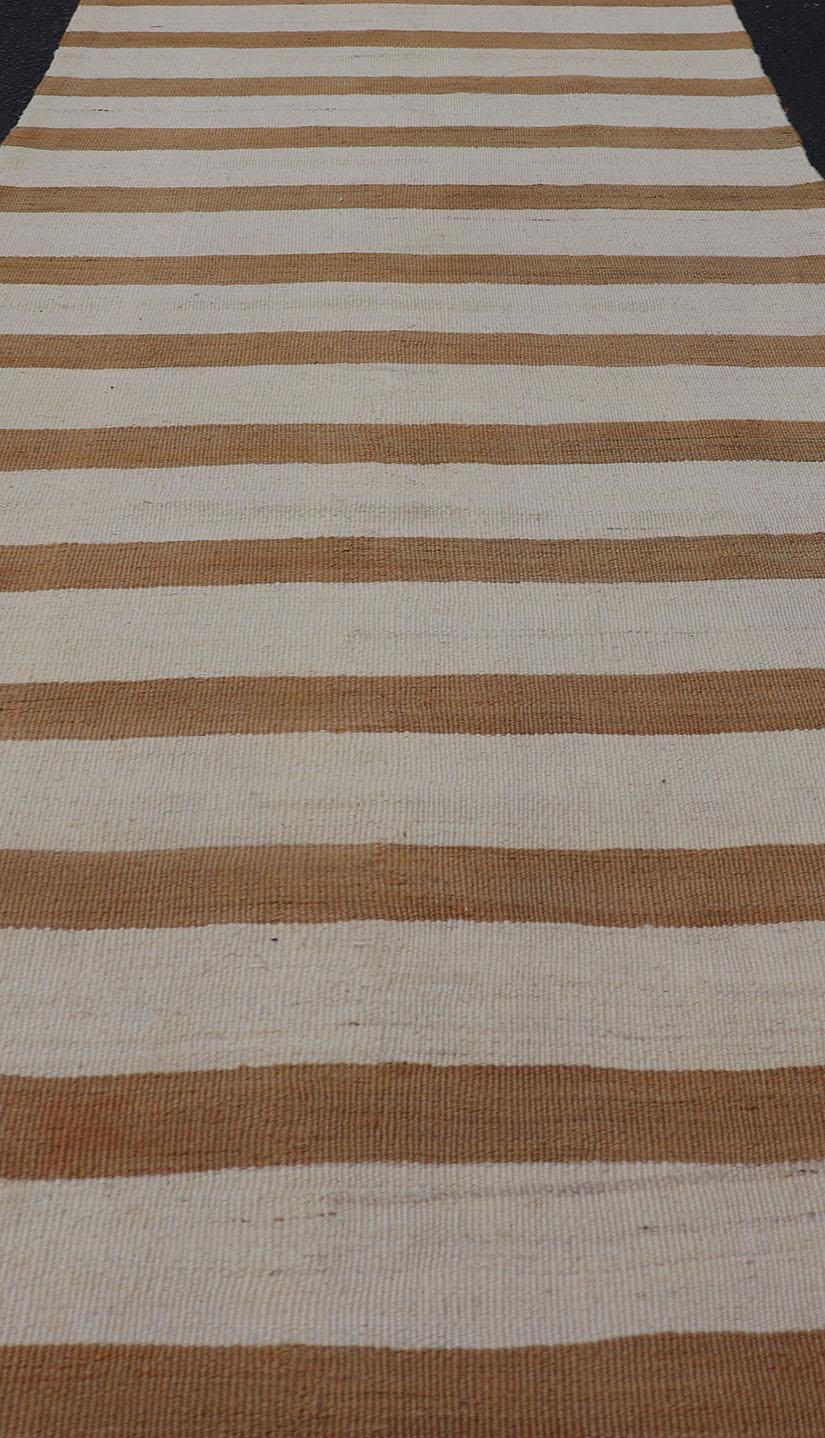 Vintage Turkish Kilim Rug with Horizontal Stripes in Light Brown and Cream For Sale 2