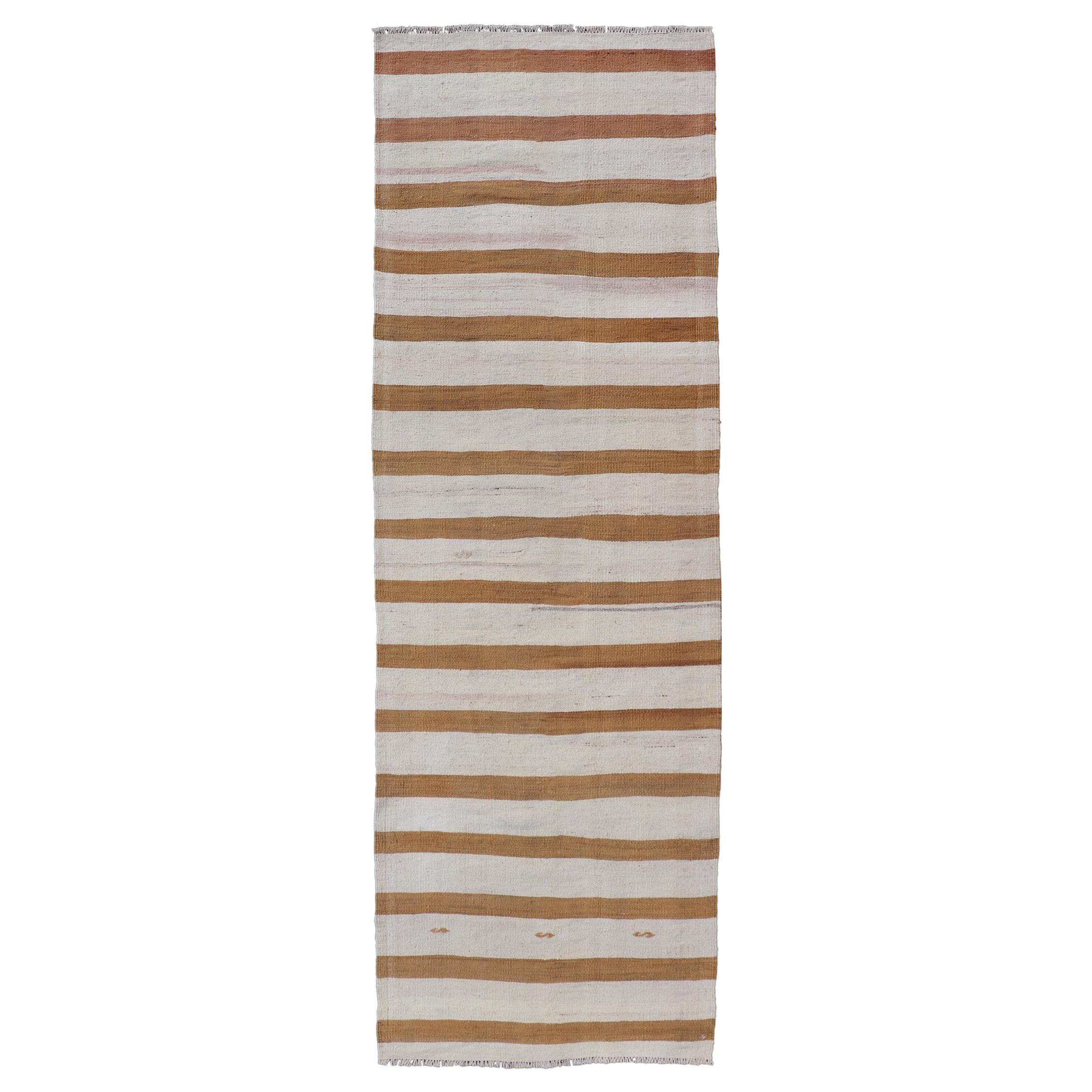 Tappeto turco vintage Rug & Kilim a strisce orizzontali in marrone chiaro e crema