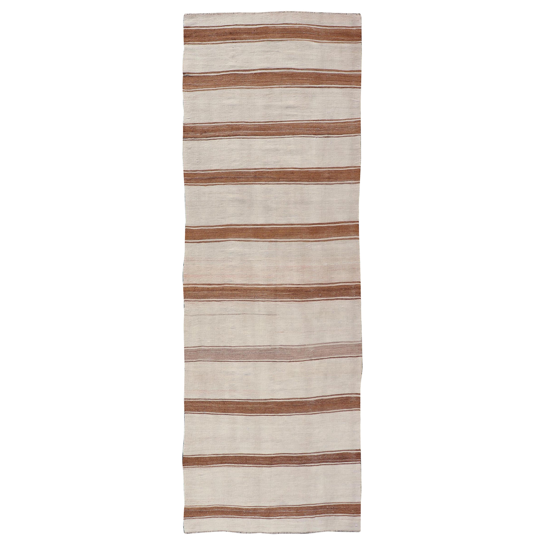 Türkischer Kilim-Teppich mit horizontalen Streifen in Hellbraun und Creme