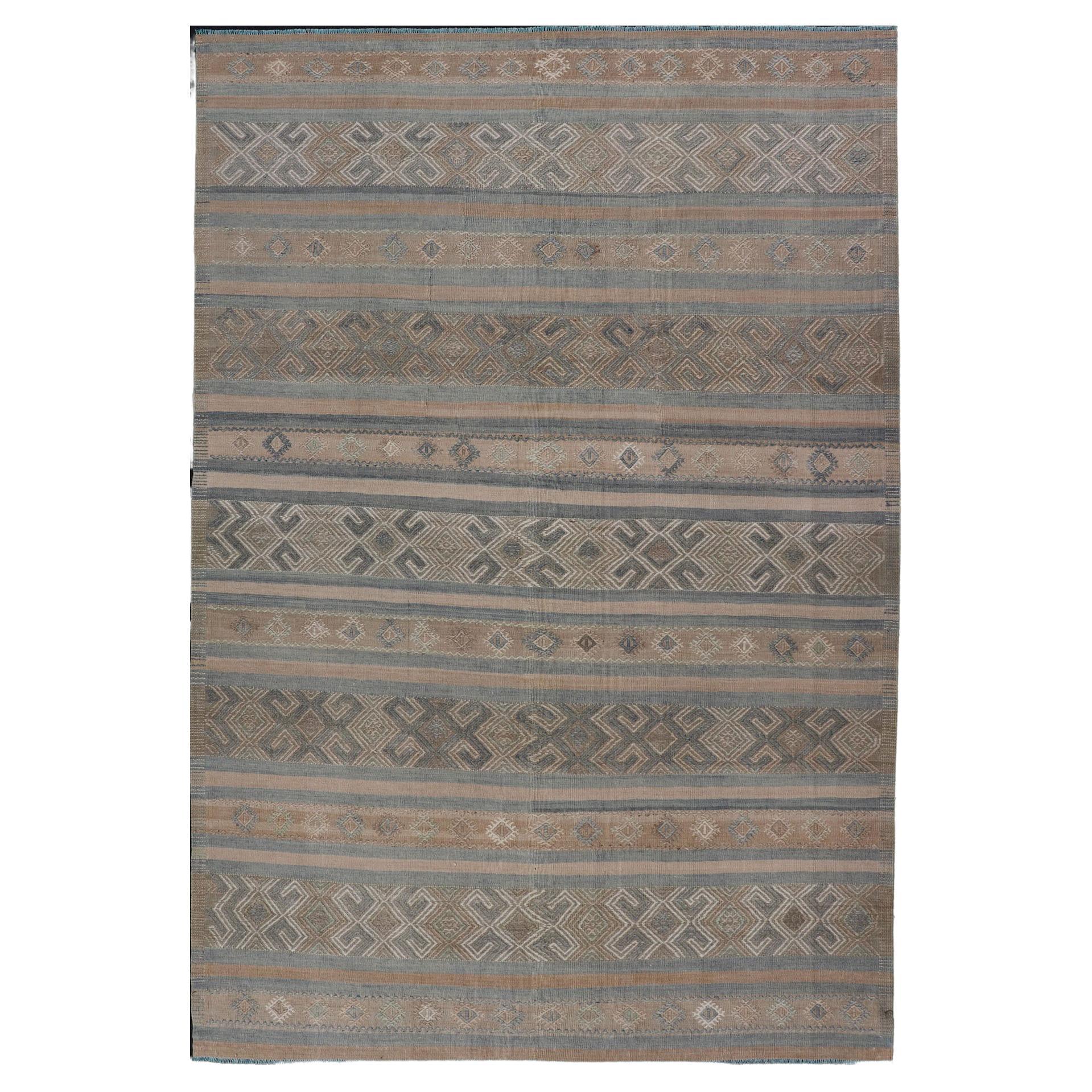 Vintage Turkish Kilim Rug with Horizontal Stripes in Taupe and Neutral Colors