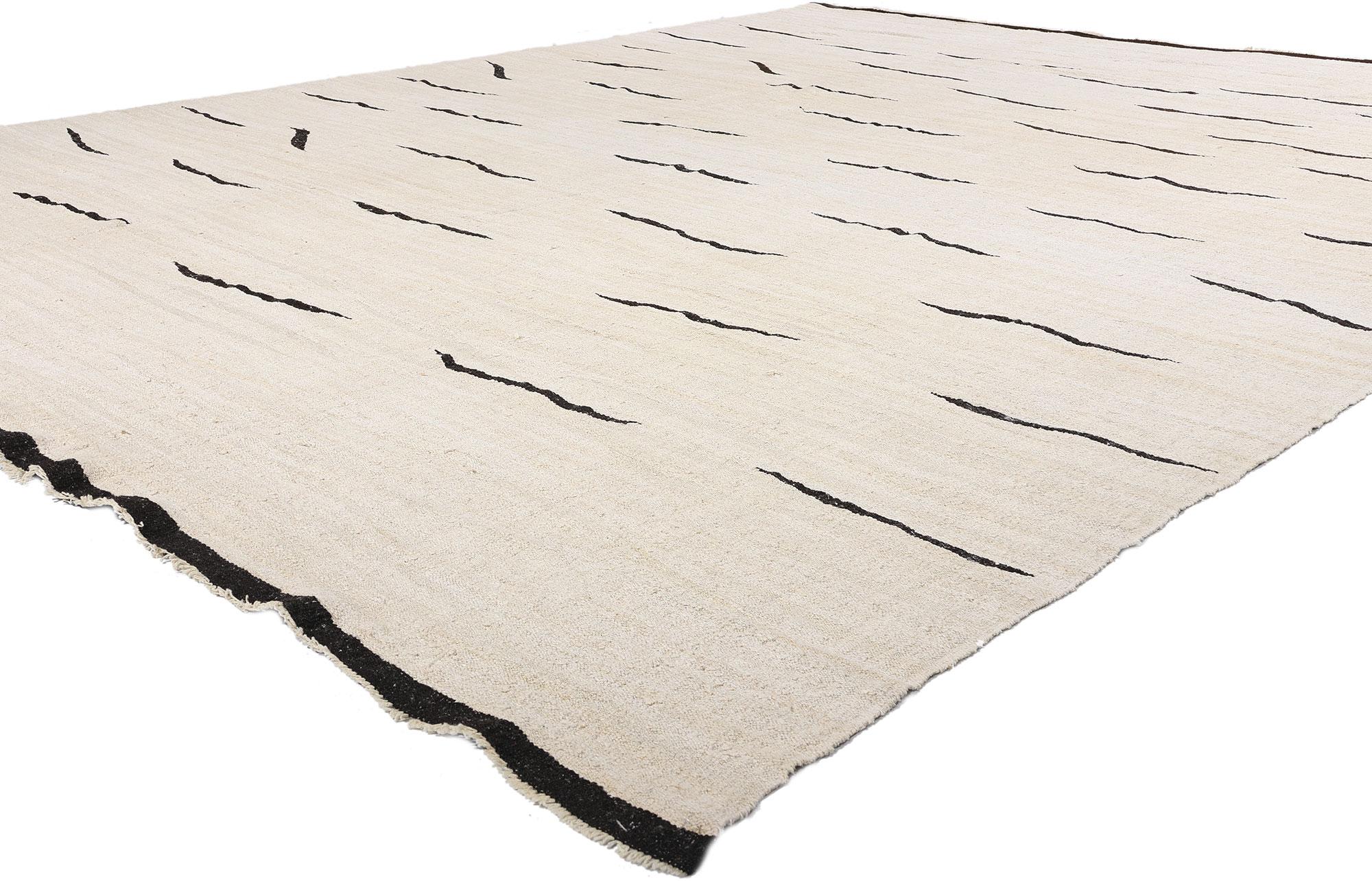 52622 Vintage Turkish Kilim Rug, 11'03 x 13'10. In a mesmerizing interplay of minimalism and movement, this handwoven wool vintage Turkish kilim rug captures the essence of artistic spontaneity with its fluid, undulating black strokes drifting