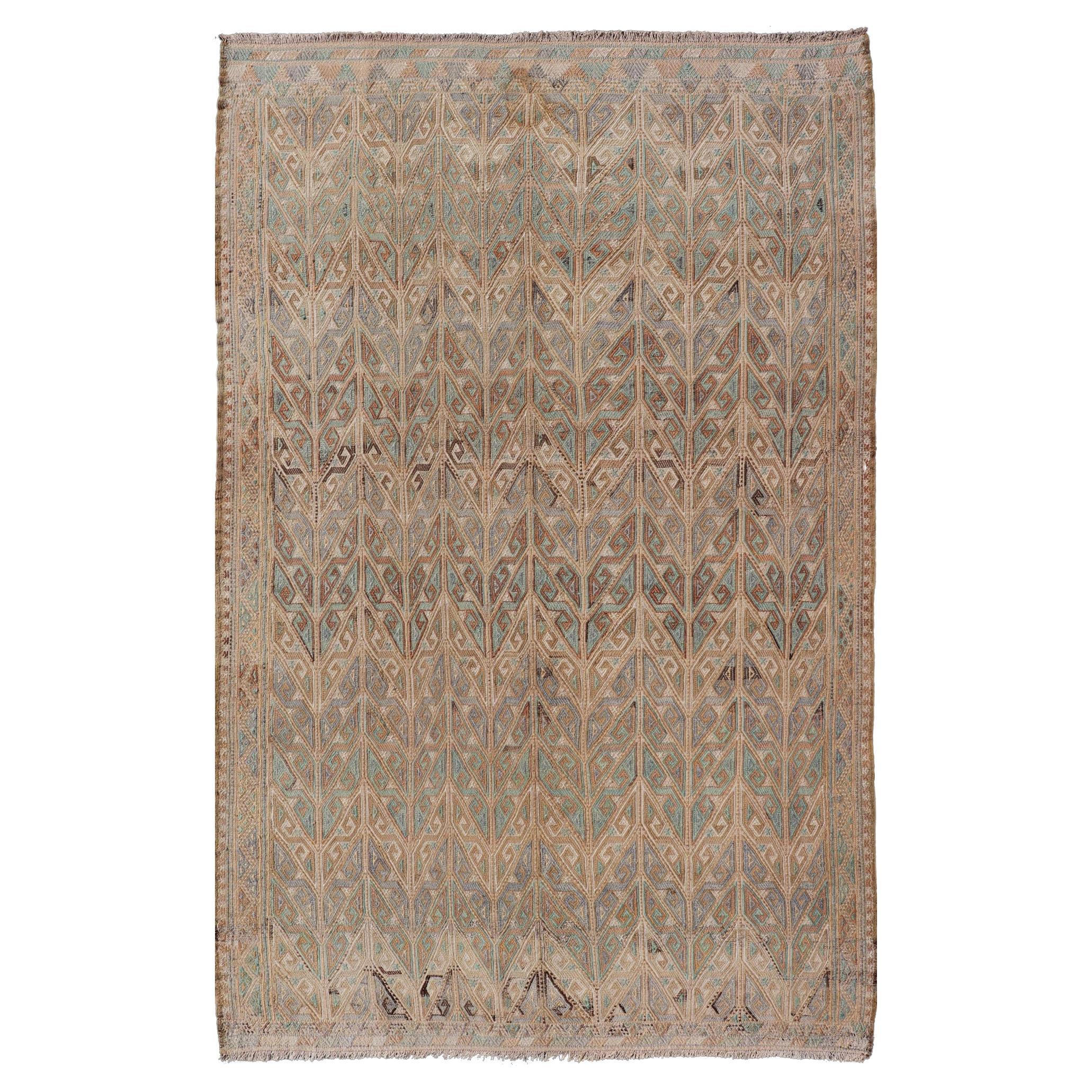 Vintage Turkish Kilim Rug with Intricate Geometric Patterns in Earth6'10 x 11'6