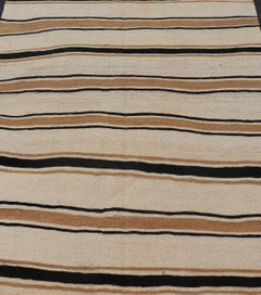 Vintage Turkish Kilim Rug with Ivory, Brown and Deep Charcoal Stripes