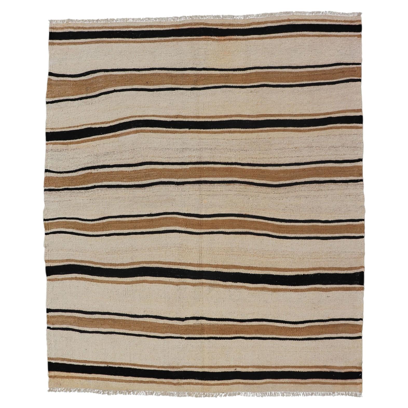 Vintage Turkish Kilim Rug with Ivory, Brown and Deep Charcoal Stripes