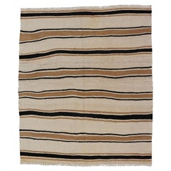 Vintage Turkish Kilim Rug with Ivory, Brown and Deep Charcoal Stripes