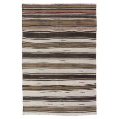 Vintage Turkish Kilim Rug with Ivory, Brown, Olive and Red Stripes