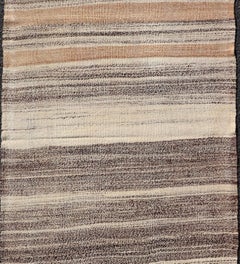 Vintage Turkish Kilim Rug with Layered Stripes in Cream, Walnut, and Taupe