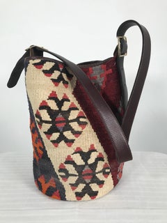 Vintage Turkish Kilim Rug with Leather Bucket Shoulder Bag