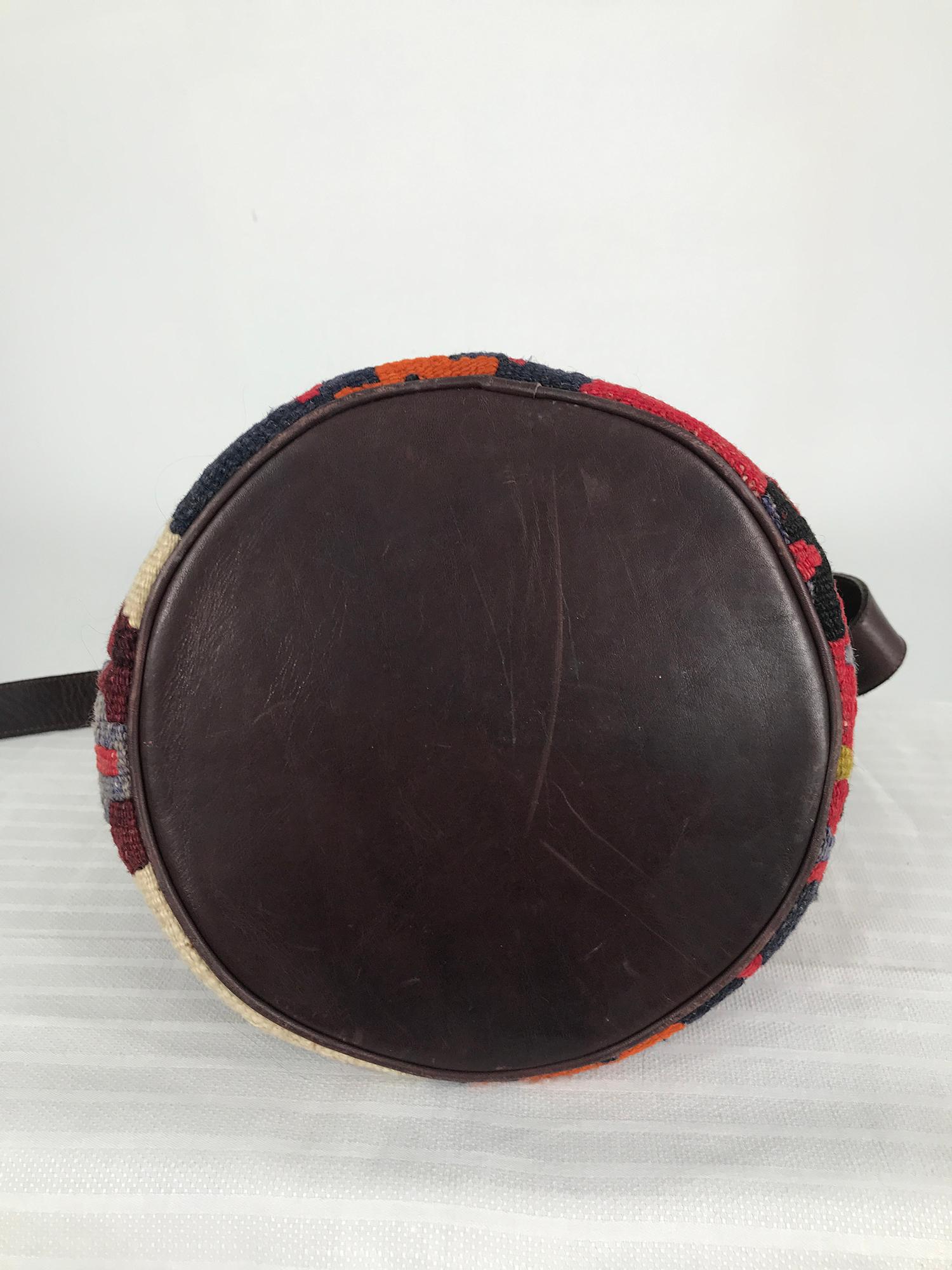 Black Vintage Turkish Kilim Rug with Leather Bucket Shoulder Bag