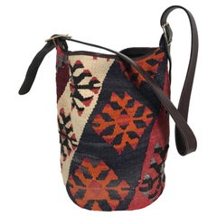 Vintage Turkish Kilim Rug with Leather Bucket Shoulder Bag