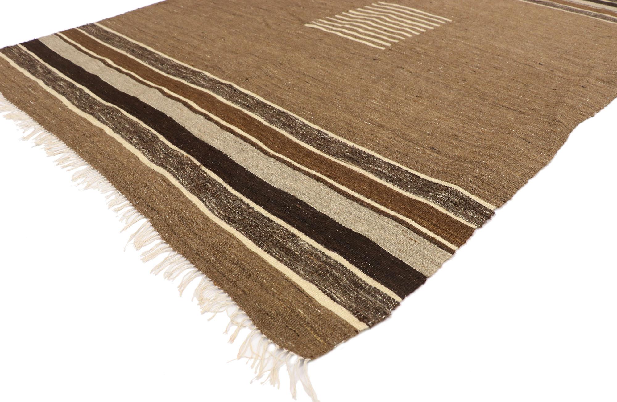 52850, vintage Turkish Kilim rug with Mid-Century Modern style, square flat-weave rug 04'05 x 05'05. With its minimalist design and rugged beauty, this vintage Turkish Kilim rug is a captivating vision of woven beauty. It features eleven beige lines