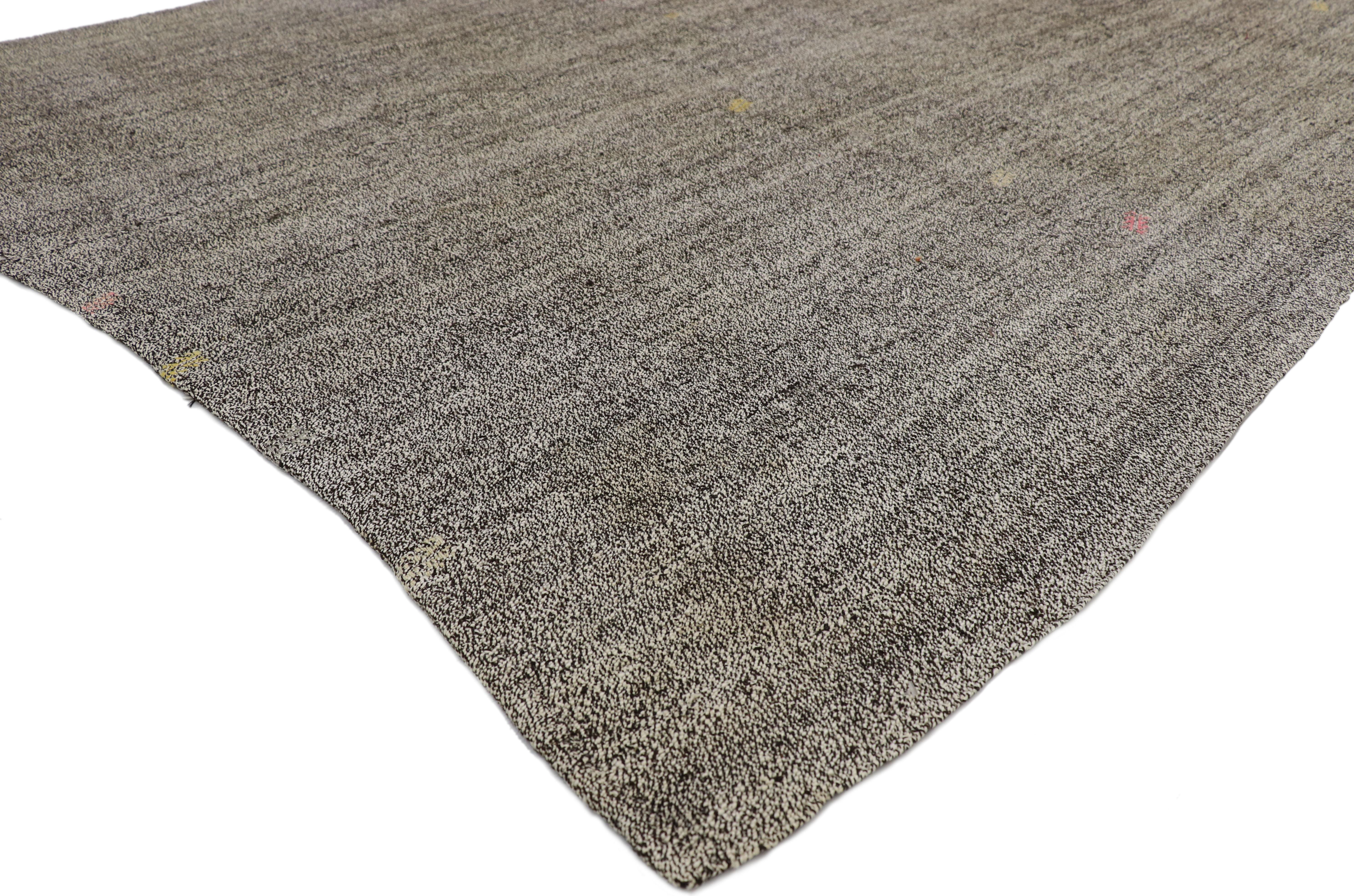 74130 Vintage Turkish Flat-weave Kilim Rug with Boho Modern Industrial Design. This vintage Turkish Kilim rug is a beautiful marriage of modern Industrial and fresh, contemporary form.Natural wool with goat hair and hemp striations shapes the colors