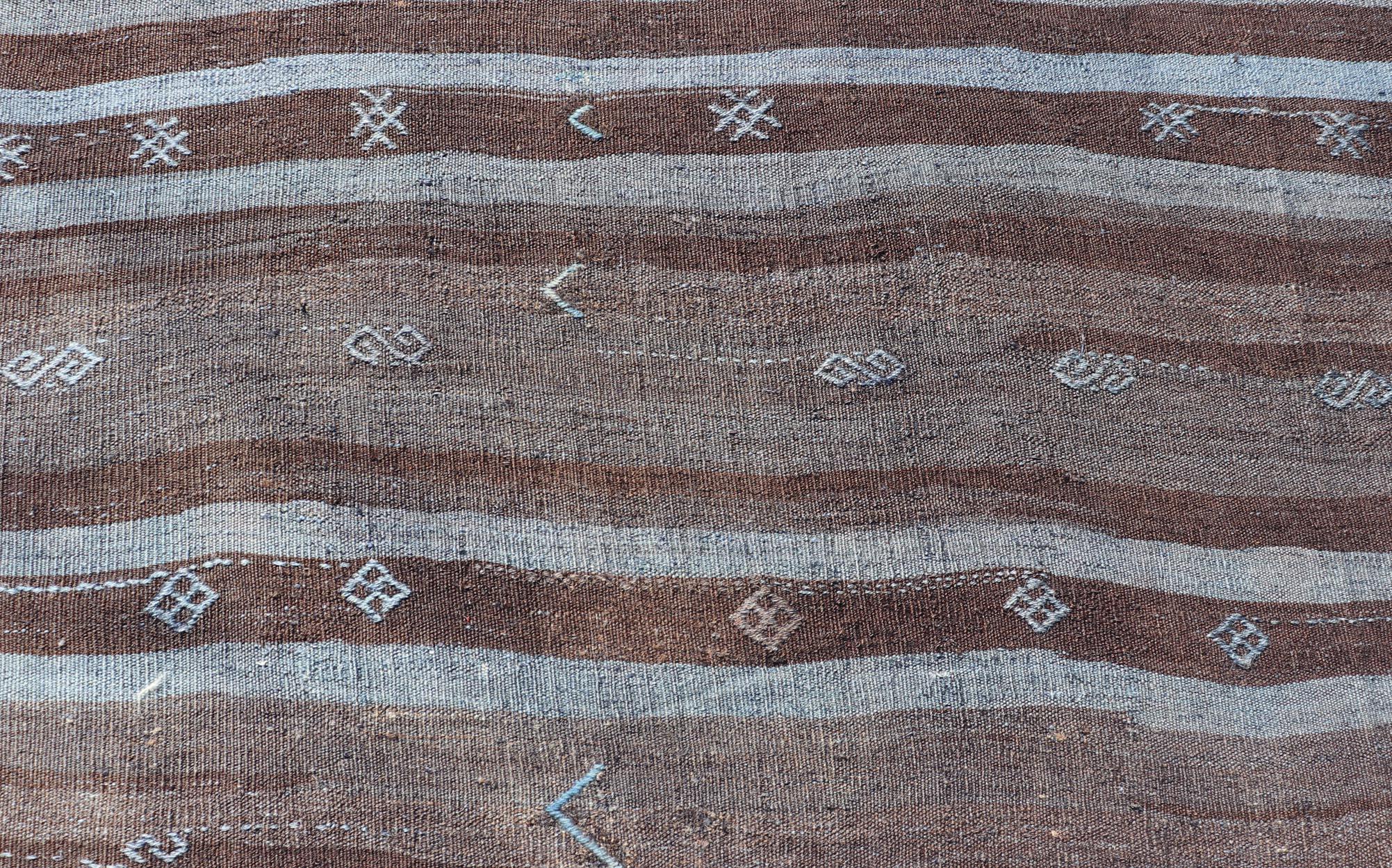 Vintage Turkish Kilim Rug with Mocha and Light Blue Stripes 6'10