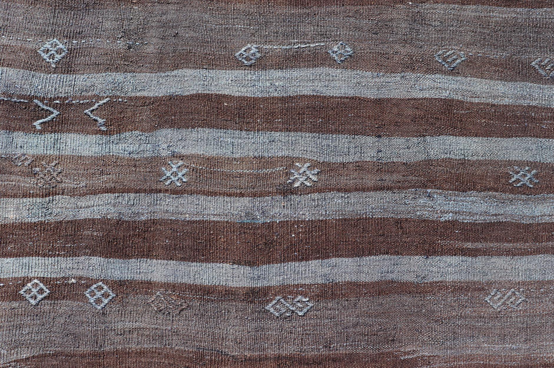 Vintage Turkish Kilim Rug with Mocha and Light Blue Stripes 6'10
