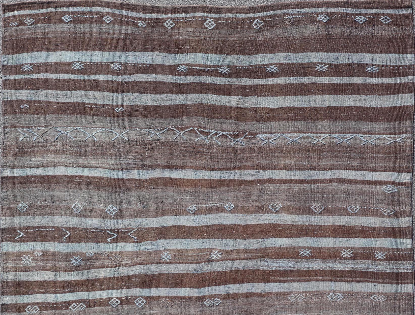 Hand-Woven Vintage Turkish Kilim Rug with Mocha and Light Blue Stripes 6'10