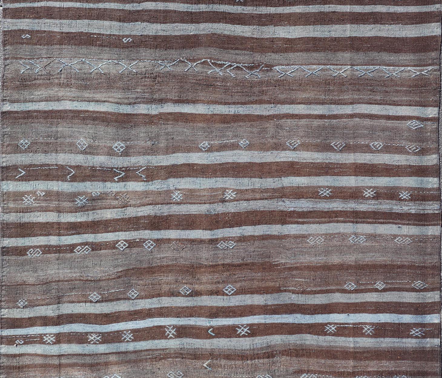Vintage Turkish Kilim Rug with Mocha and Light Blue Stripes 6'10