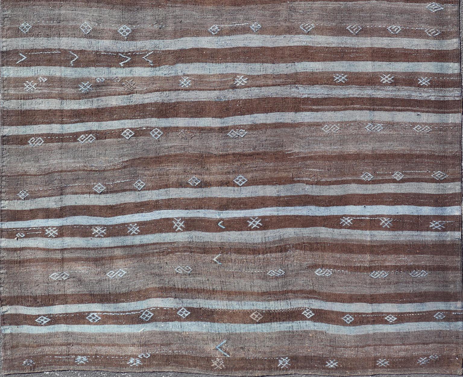 20th Century Vintage Turkish Kilim Rug with Mocha and Light Blue Stripes 6'10