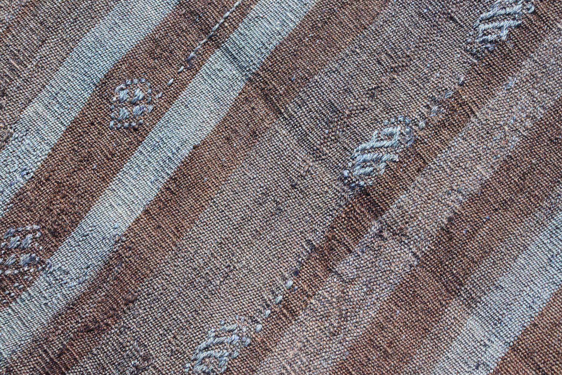 Wool Vintage Turkish Kilim Rug with Mocha and Light Blue Stripes 6'10