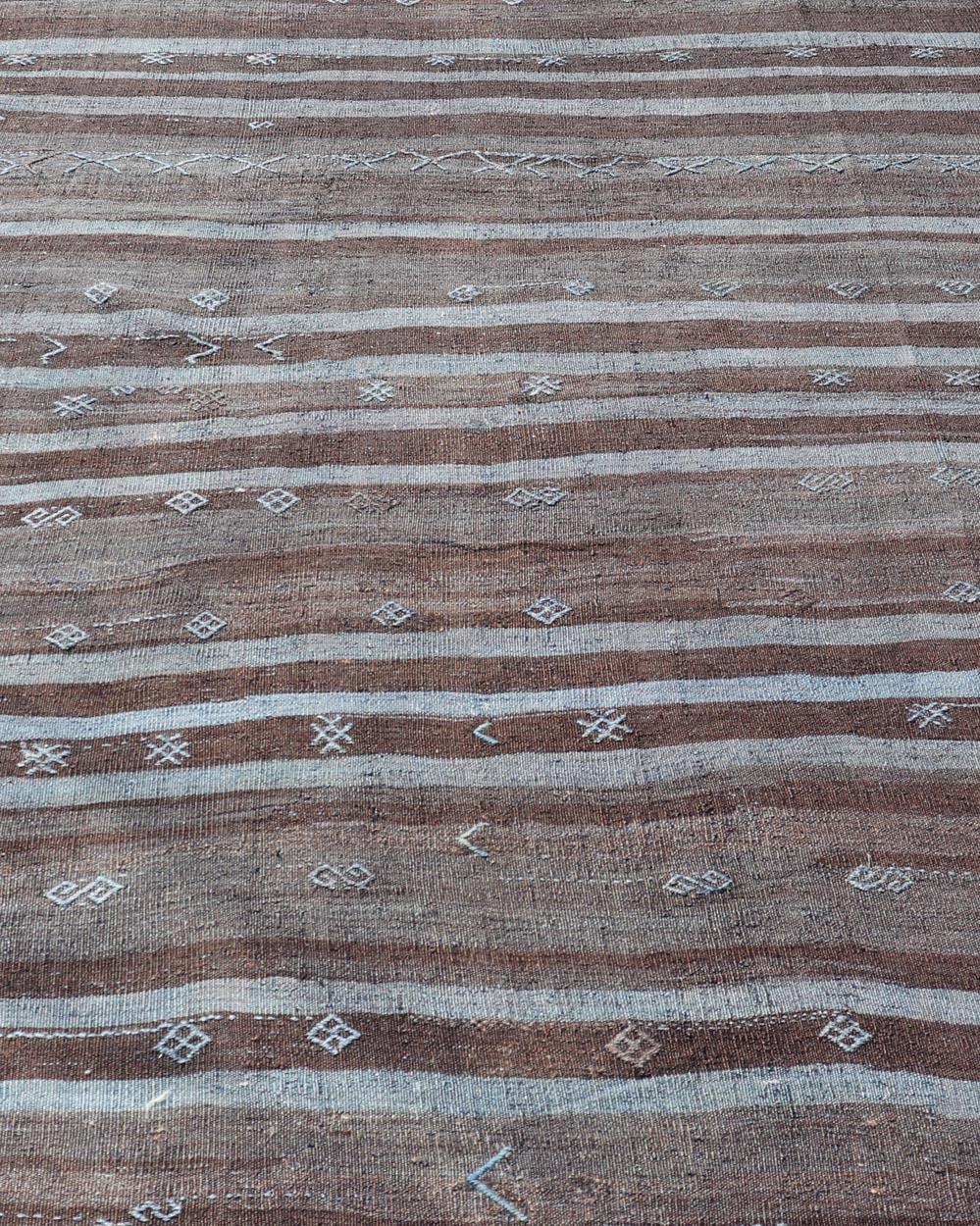 Vintage Turkish Kilim Rug with Mocha and Light Blue Stripes 6'10