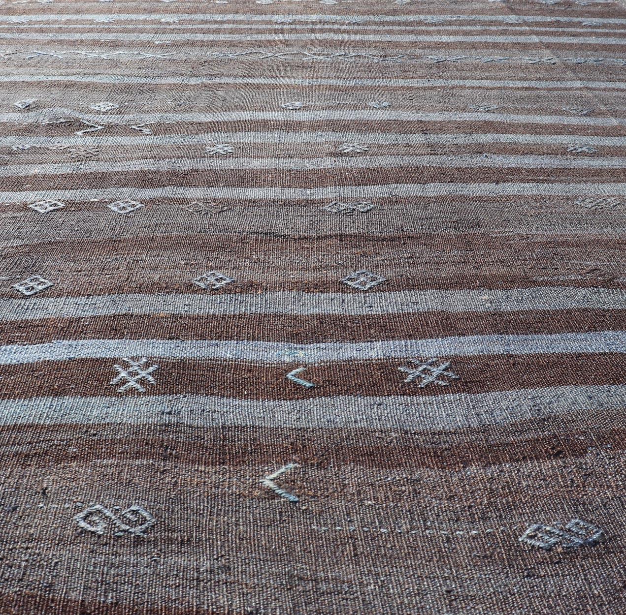 Vintage Turkish Kilim Rug with Mocha and Light Blue Stripes 6'10