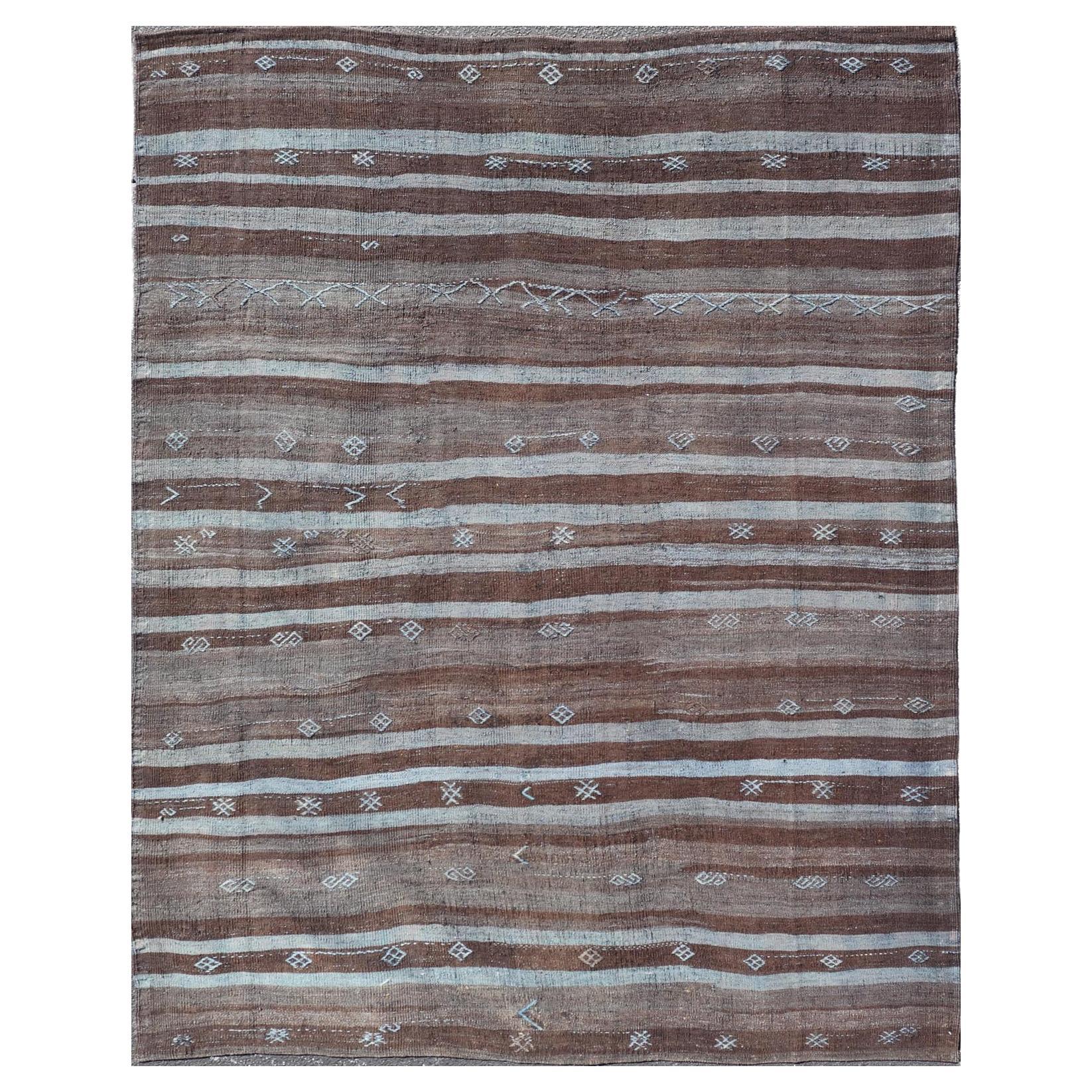 Vintage Turkish Kilim Rug with Mocha and Light Blue Stripes 6'10" X 9'0" For Sale