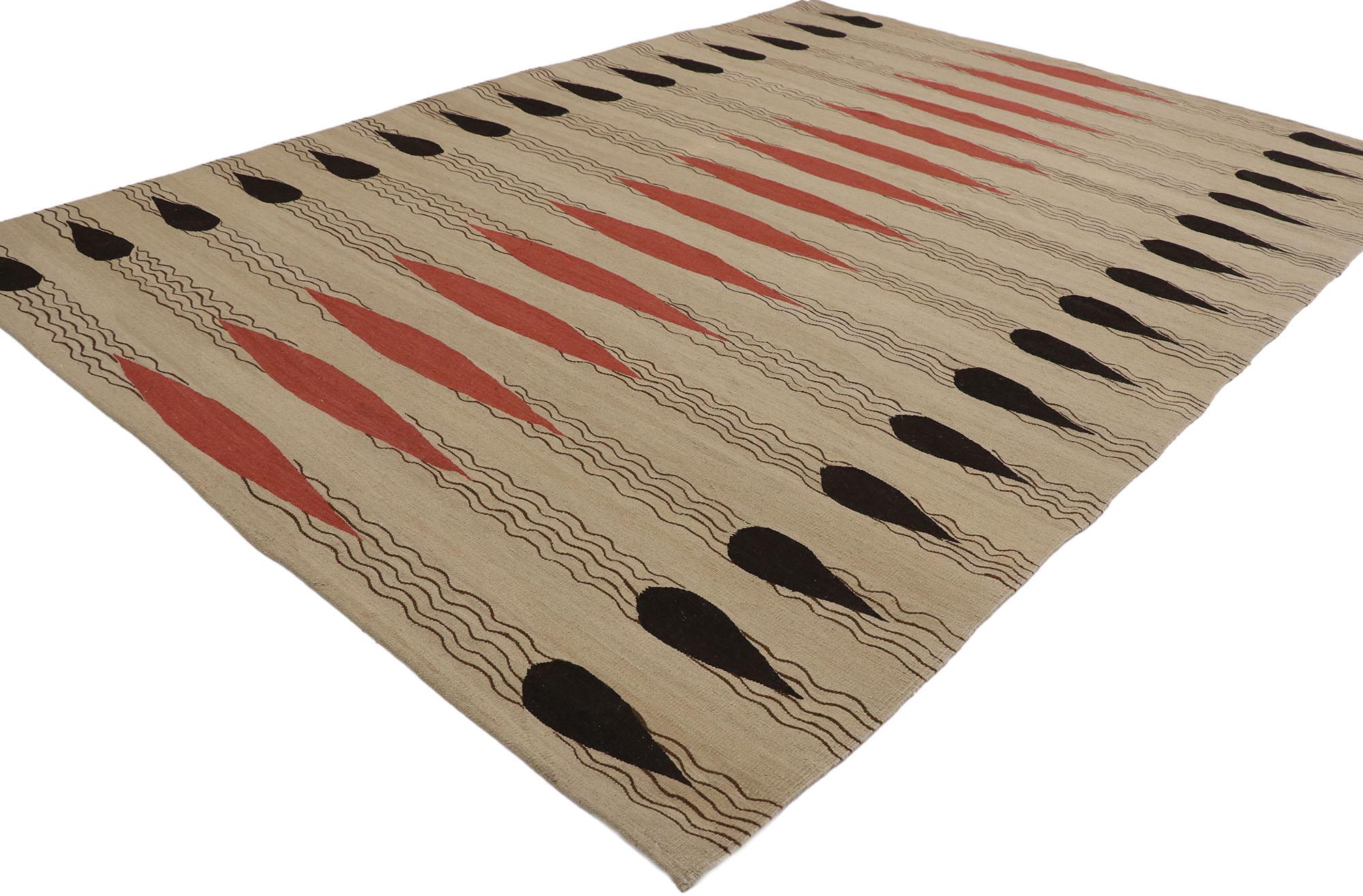 77536, vintage Turkish Kilim rug with Modern Navajo style. With its bold expressive design, incredible detail and texture, this hand-woven wool vintage Turkish Kilim rug is a captivating vision of woven beauty highlighting Navajo style. It features
