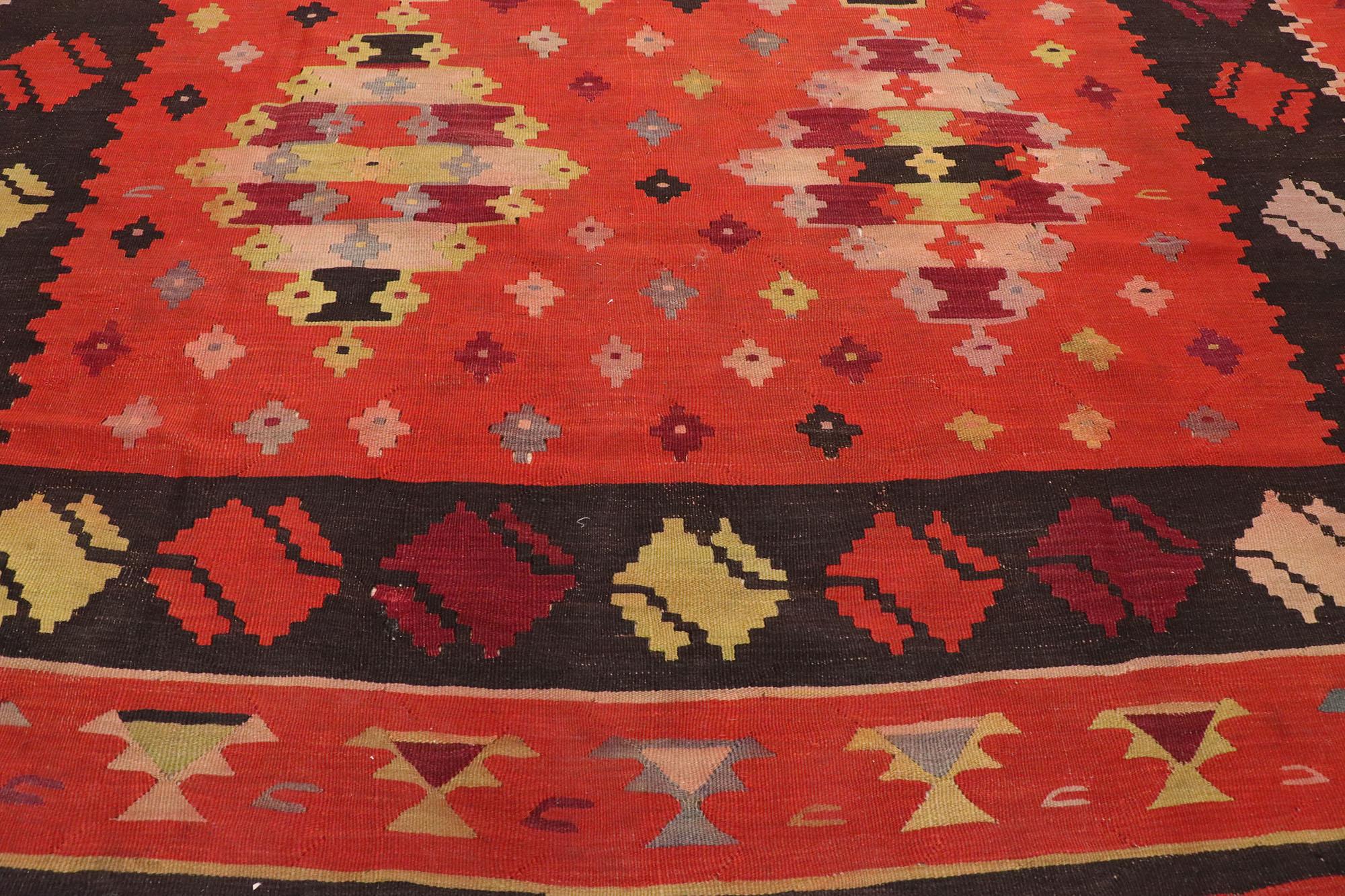 Vintage Turkish Kilim Rug with Navajo Adirondack Design and Two Grey Hills Style In Distressed Condition For Sale In Dallas, TX