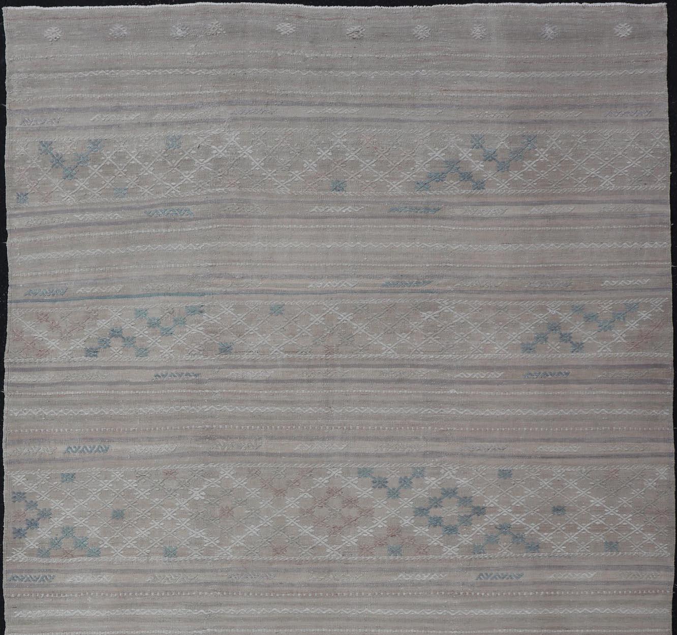 Vintage Turkish Kilim Rug with Neutral Horizontal Stripes and Geometric Designs For Sale 6