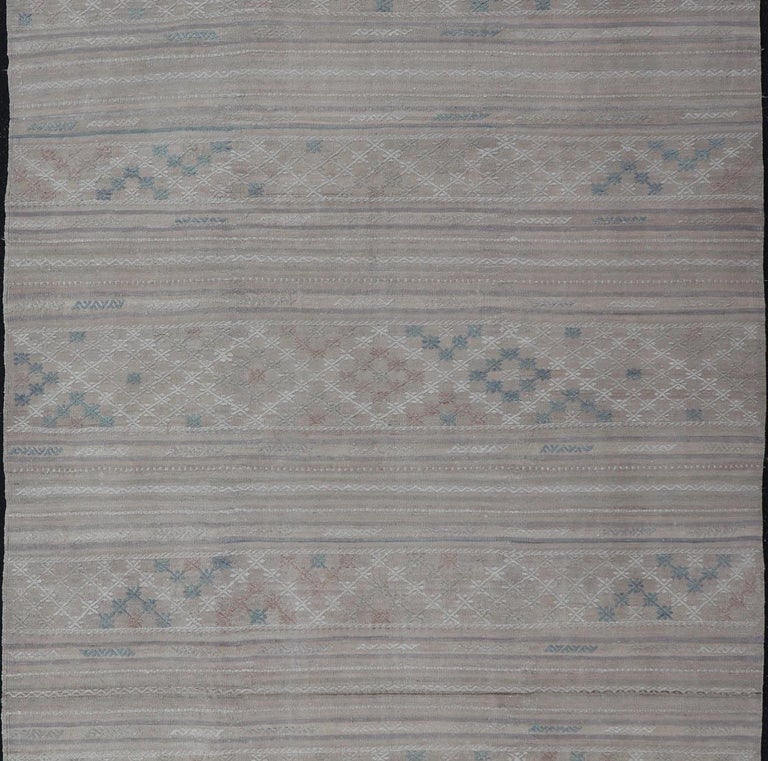 Vintage Turkish Kilim Rug with Neutral Horizontal Stripes and Geometric