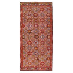 Vintage Turkish Kilim Rug with Rich Red and Multicolor Motif Design 4'6" x 10'2"