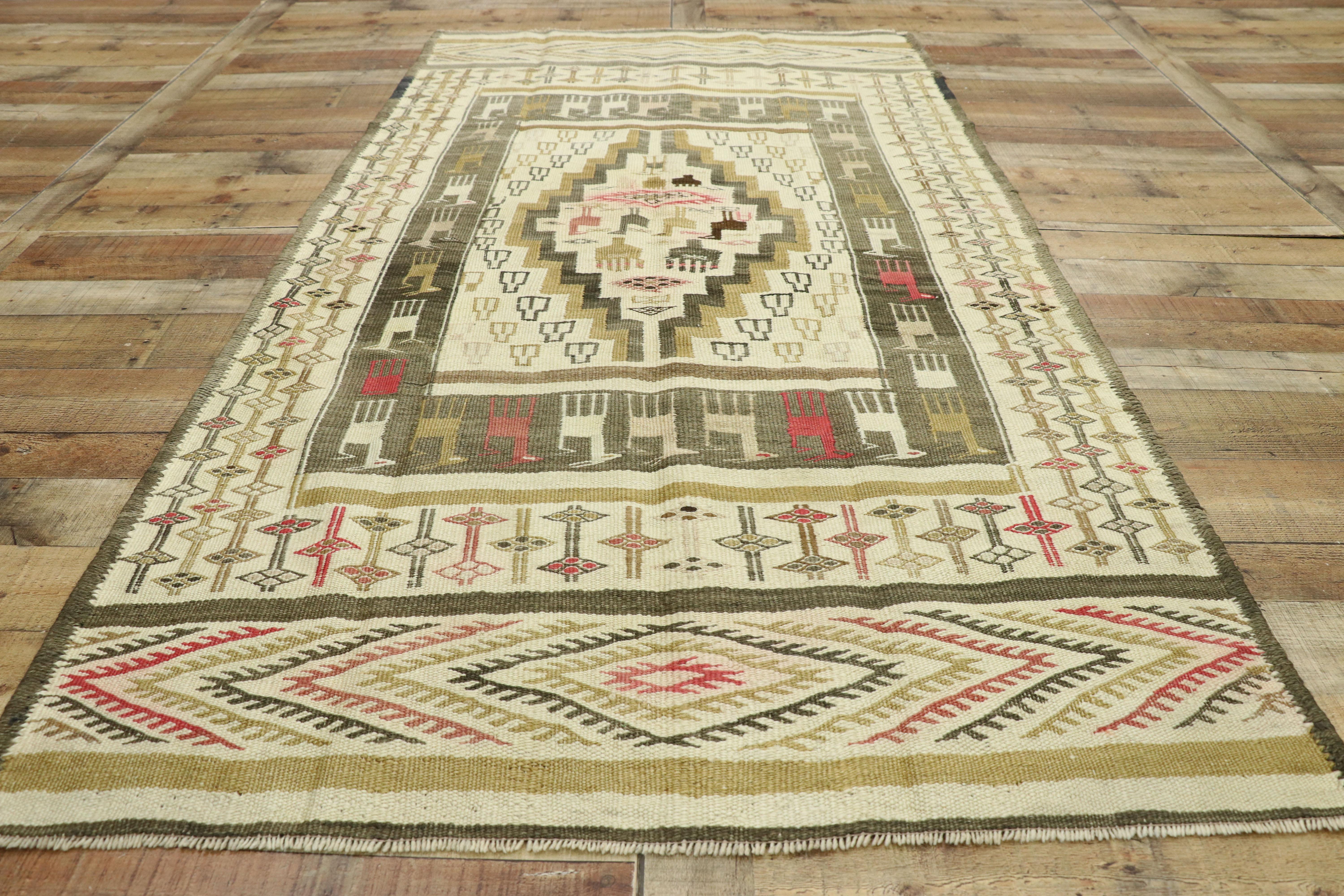 Wool Vintage Turkish Kilim Rug with Rustic Lodge Style and Modern Tribal Vibes For Sale