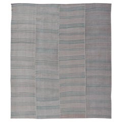 Vintage Turkish Kilim Rug with Soft Aqua, Misty Gray, and Faded Stone Stripes
