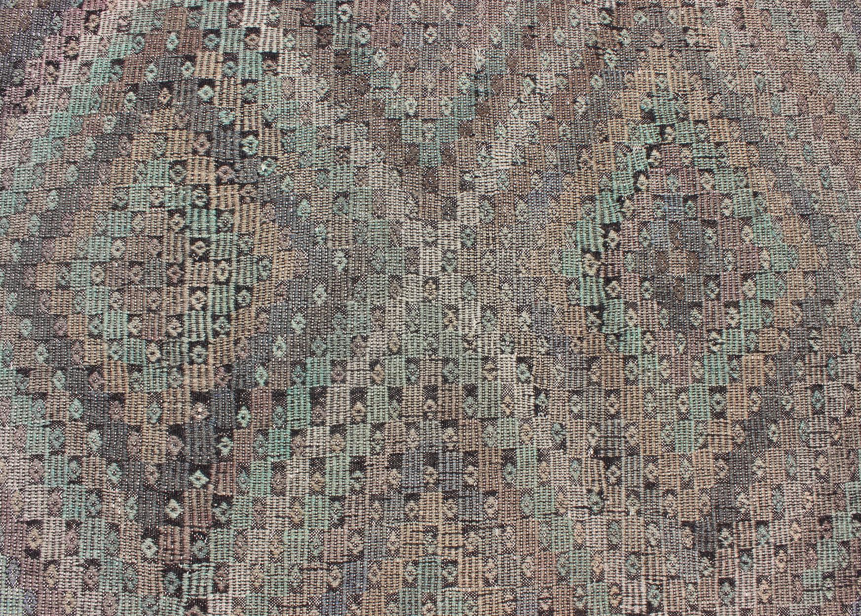 Wool Vintage Turkish Kilim Rug with Soft Geometric Diamond Pattern in Muted Pastel For Sale