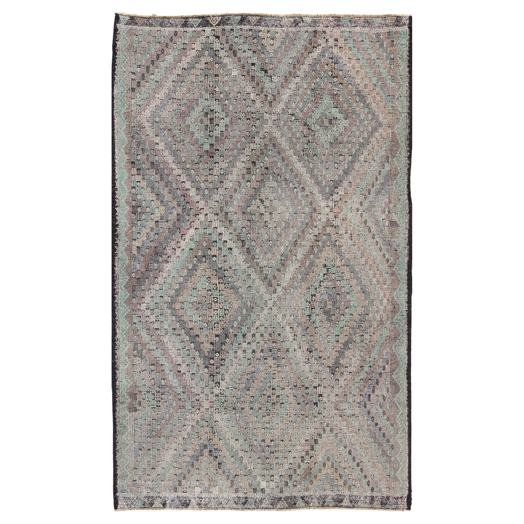 Vintage Turkish Kilim Rug with Soft Geometric Diamond Pattern in Muted Pastel For Sale