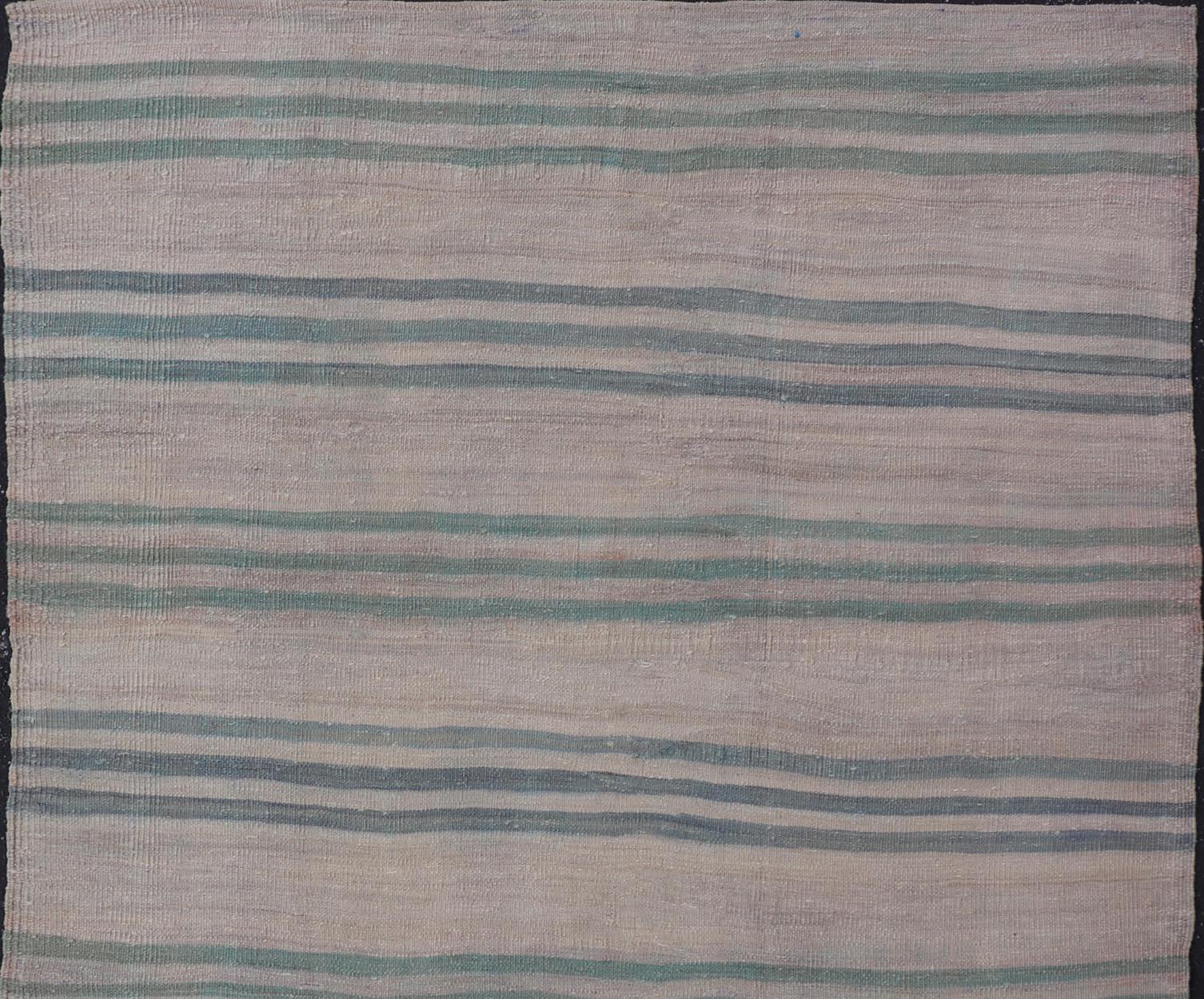 Lana Vintage Rug & Kilim turco a strisce verdi e blu 4'10 x 6'7 in vendita