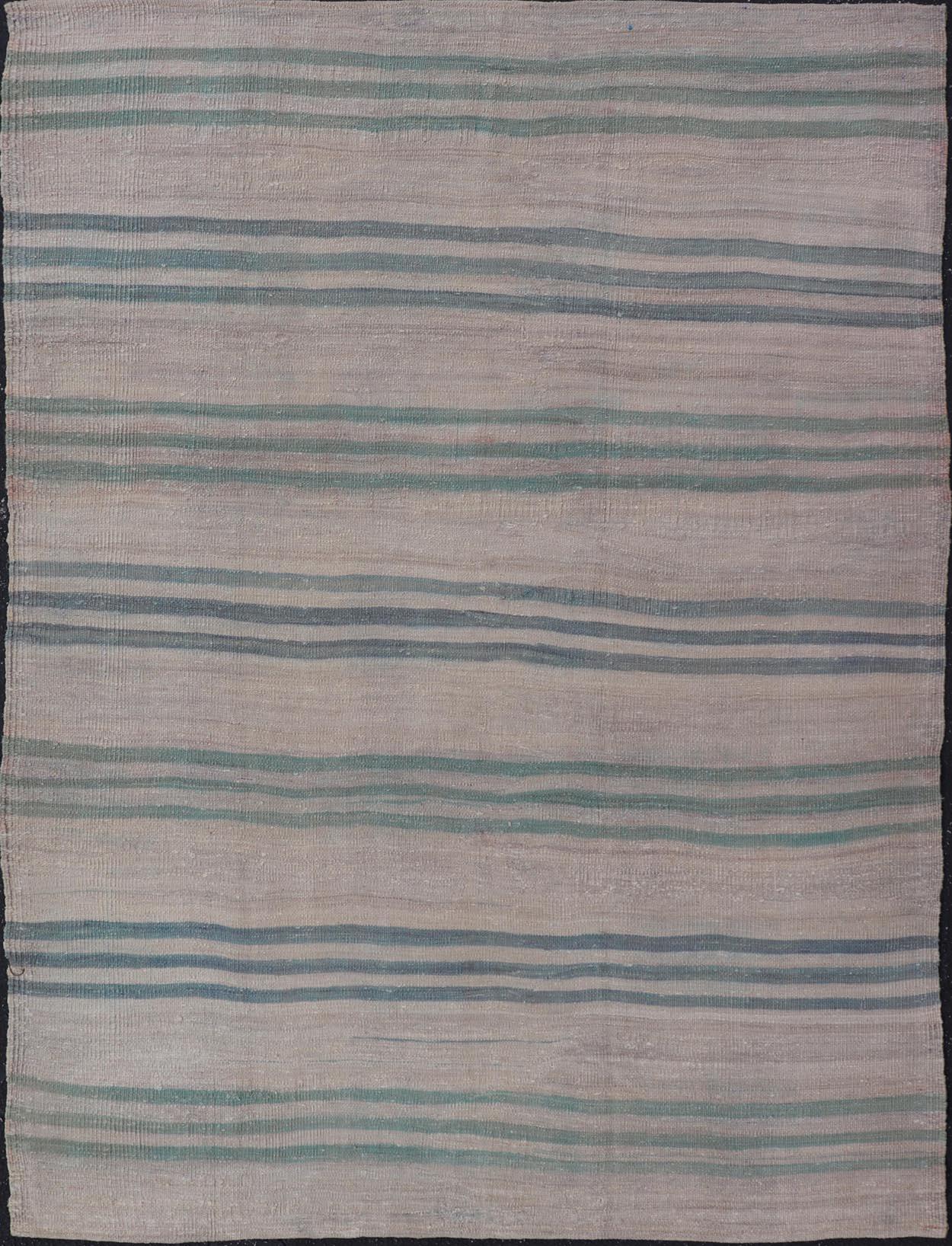 Vintage Rug & Kilim turco a strisce verdi e blu 4'10 x 6'7 in vendita