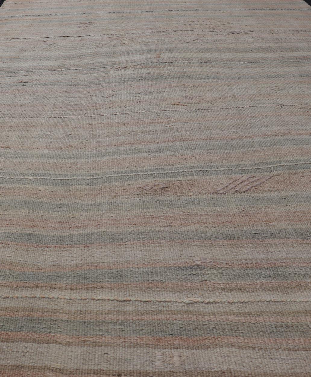 Hand-Woven Vintage Turkish Kilim Rug with Soft Pastel Stripes and Earthy Tones 4'11