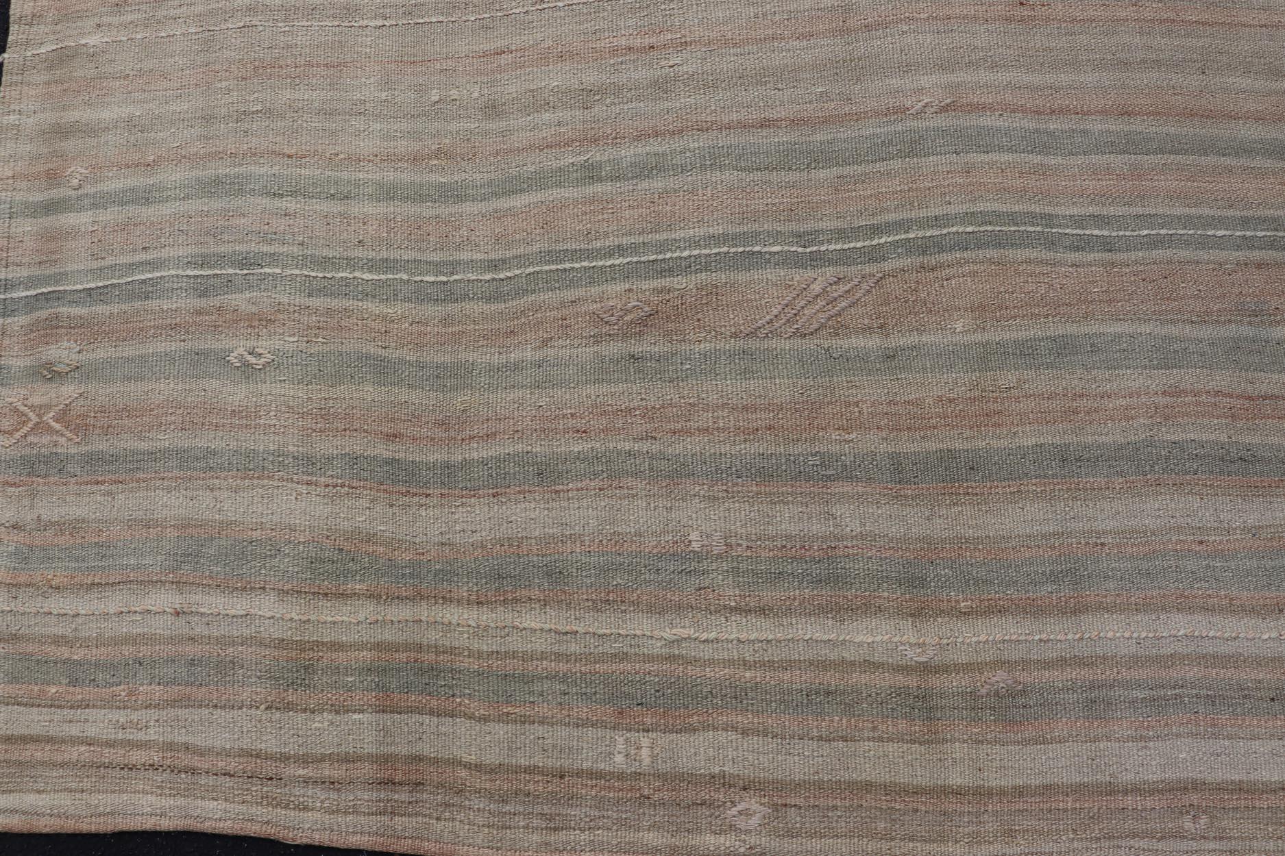 Vintage Turkish Kilim Rug with Soft Pastel Stripes and Earthy Tones 4'11