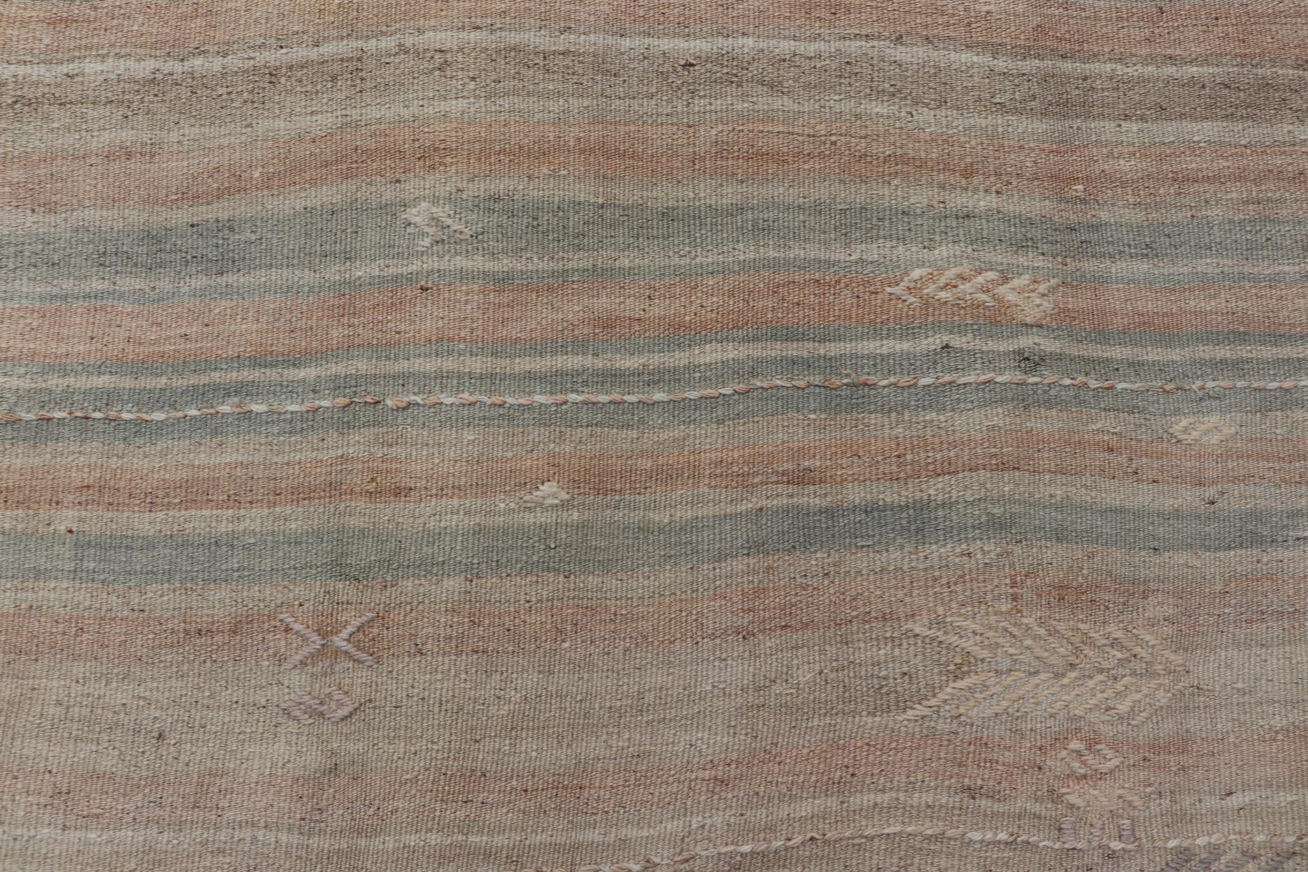 Wool Vintage Turkish Kilim Rug with Soft Pastel Stripes and Earthy Tones 4'11