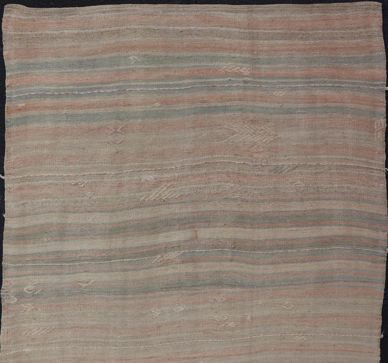 Vintage Turkish Kilim Rug with Soft Pastel Stripes and Earthy Tones 4'11