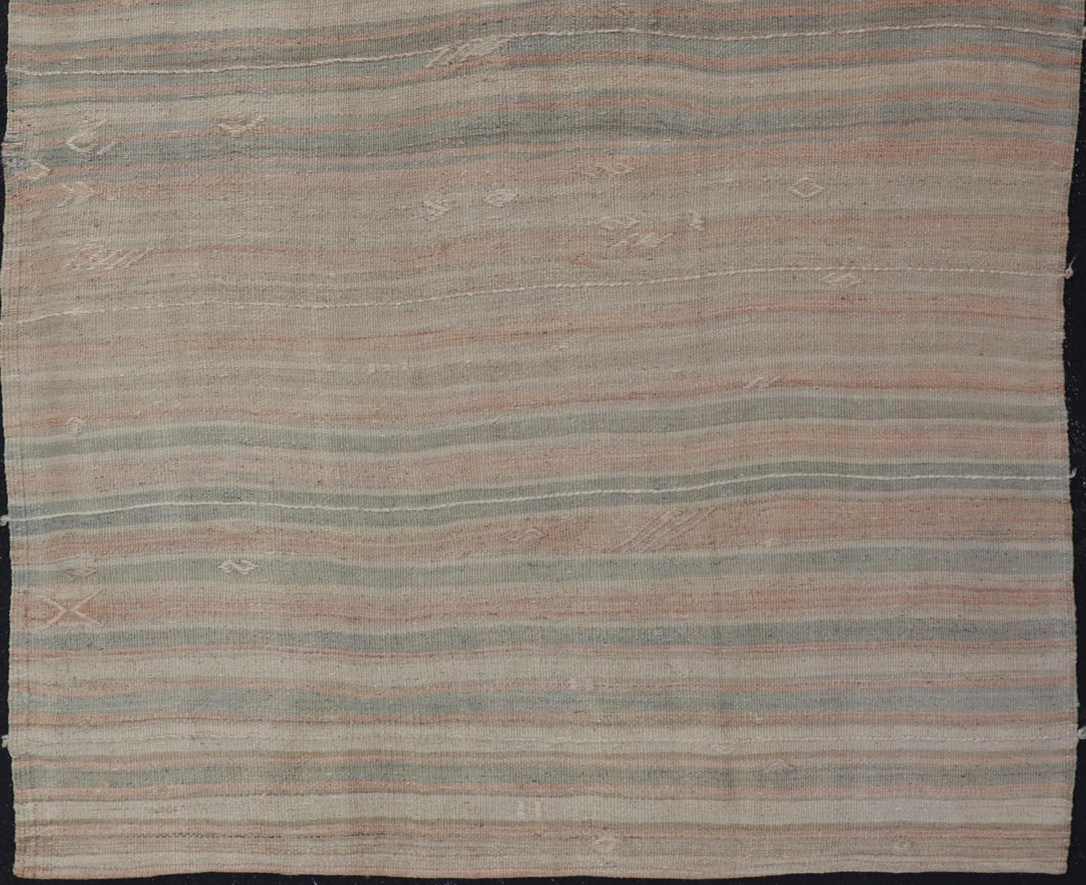 Vintage Turkish Kilim Rug with Soft Pastel Stripes and Earthy Tones 4'11